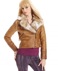 With a chic faux-fur collar, this quilted faux-leather GUESS motorcycle jacket is a fall must-have for a stylish season! With a chic faux-fur collar, this quilted faux-leather GUESS motorcycle jacket is a fall must-have for a stylish season!