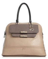 Bring your A-game to daytime accessorizing with this satchel silhouette from GUESS. Decorative turnlock detailing and logo charms adorn the outside, but it's the bag's perfect proportions that truly tip the scales. Bring your A-game to daytime accessorizing with this satchel silhouette from GUESS. Decorative turnlock detailing and logo charms adorn the outside, but it's the bag's perfect proportions that truly tip the scales.