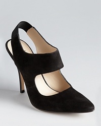 A square cutout lends a geometric feel to KORS Michael Kors' Maya pointy toe pumps, a slingback style in soft suede. A square cutout lends a geometric feel to KORS Michael Kors' Maya pointy toe pumps, a slingback style in soft suede.