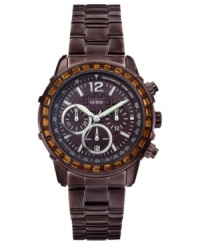Sporty yet elegant, this chronograph watch from GUESS boasts dazzling accents. Sporty yet elegant, this chronograph watch from GUESS boasts dazzling accents.
