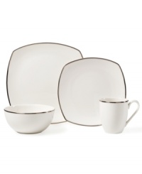 Basic at its best. Mikasa combines a simply timeless pattern with modern silhouettes in the Cameo Platinum square place setting. Bands of sumptuous platinum embellish premium white porcelain for elegant entertaining. Basic at its best. Mikasa combines a simply timeless pattern with modern silhouettes in the Cameo Platinum square place setting. Bands of sumptuous platinum embellish premium white porcelain for elegant entertaining.