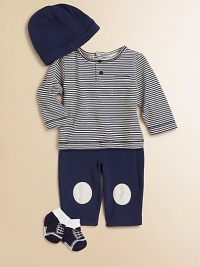 Four-piece gift set includes one striped Henley top, matching pants with knee patches, cozy hat with elastic brim and socks. Shirt CrewneckLong sleevesBack snapsPatch pocket Pants Elastic waistbandCottonMachine washImported Please note: Number of buttons may vary depending on size ordered. Four-piece gift set includes one striped Henley top, matching pants with knee patches, cozy hat with elastic brim and socks. Shirt CrewneckLong sleevesBack snapsPatch pocket Pants Elastic waistbandCottonMachine washImported Please note: Number of buttons may vary depending on size ordered.