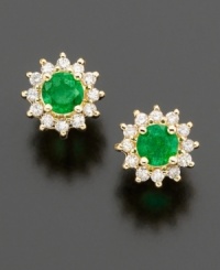 A fresh take on a classic look, these royalty-inspired earrings by Effy Collection feature round-cut emeralds (1/2 ct. t.w.) and diamond accents set in 14k gold. Approximate diameter: 1/3 inch. A fresh take on a classic look, these royalty-inspired earrings by Effy Collection feature round-cut emeralds (1/2 ct. t.w.) and diamond accents set in 14k gold. Approximate diameter: 1/3 inch.
