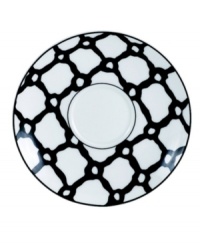 Designer kate spade takes basic black and white in a bold new direction with St. Kitts Exeter Road dinnerware. The dishes have a chainlink pattern that crisscrosses this bone china saucer for striking everyday style. Designer kate spade takes basic black and white in a bold new direction with St. Kitts Exeter Road dinnerware. The dishes have a chainlink pattern that crisscrosses this bone china saucer for striking everyday style.