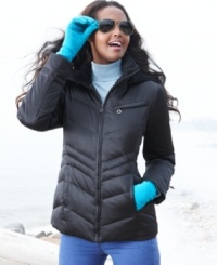 Bundle up with fashion-forward style: DKNY's chevron-quilted puffer coat is fitted, sleek and chic! Bundle up with fashion-forward style: DKNY's chevron-quilted puffer coat is fitted, sleek and chic!