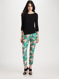 This flat-front cropped style in patterned with a lively paisley print and rendered in a luxe, finespun silk/cotton blend.Self waistband with belt loopsZip fly with hook-and-bar closureSide slash pocketsCreased, cuffed legBack welt pocketsInseam, about 2765% cotton/35% silkDry cleanMade in USA of Italian fabricModel shown is 5'11 (180cm) wearing US size 4. This flat-front cropped style in patterned with a lively paisley print and rendered in a luxe, finespun silk/cotton blend.Self waistband with belt loopsZip fly with hook-and-bar closureSide slash pocketsCreased, cuffed legBack welt pocketsInseam, about 2765% cotton/35% silkDry cleanMade in USA of Italian fabricModel shown is 5'11 (180cm) wearing US size 4.