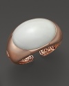 A bold, modern cuff bracelet in 18K rose gold plated sterling silver and white agate, with signature Tiadra design detail on the side and reverse.