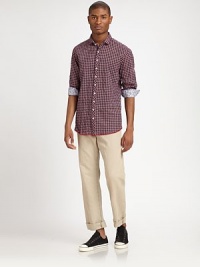 A perfect combination of a five-pocket favorite and a classic chino shaped in a straight-fitting, cotton and linen blend silhouette.Zip flyFlat-front styleSide slash, back welt pocketsInseam, about 3474% cotton/26% linenMachine washMade in USA A perfect combination of a five-pocket favorite and a classic chino shaped in a straight-fitting, cotton and linen blend silhouette.Zip flyFlat-front styleSide slash, back welt pocketsInseam, about 3474% cotton/26% linenMachine washMade in USA