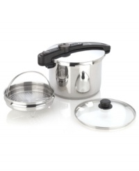 This one is for the cooks-experience the ease & convenience of a pressure cooker in the kitchen. Crafted from 18/10 stainless steel, this must-have features a pressure indicator that takes the guesswork out of prep and two pressure positions for precision results. Plus, an easy-to-read measurement line on the interior makes safety a must by letting you know when you have reached the recommended fill capacity. 10-year warranty. This one is for the cooks-experience the ease & convenience of a pressure cooker in the kitchen. Crafted from 18/10 stainless steel, this must-have features a pressure indicator that takes the guesswork out of prep and two pressure positions for precision results. Plus, an easy-to-read measurement line on the interior makes safety a must by letting you know when you have reached the recommended fill capacity. 10-year warranty.