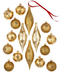 Go for the gold this holiday season with this gorgeous assortment of Holiday Lane ornaments. Feature matte and shiny finishes with gold glitter floral accents. Go for the gold this holiday season with this gorgeous assortment of Holiday Lane ornaments. Feature matte and shiny finishes with gold glitter floral accents.