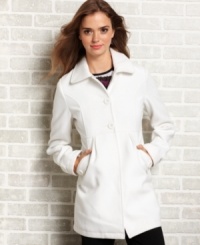 A two-button closure and thigh-grazing length equip Krush's wool-blend coat with an elegance that's always in style. A two-button closure and thigh-grazing length equip Krush's wool-blend coat with an elegance that's always in style.