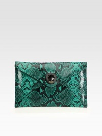 Rich snake-print leather adds exotic edge to this lightweight clutch with a signature turn-lock closure. Turn-lock closureOne outside back zip pocketOne inside zip pocketTwo inside open pocketsCotton lining13½W X 9H X ½DImported