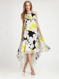 Vibrant florals pop on this voluminous silk tent dress, flared from waist to hem with a dramatically draped back.High jewelneckSleevelessSlash pocketsHem longer in backDraped backAbout 44 from natural waistSilkDry cleanImportedModel shown is 5'9 (175cm) wearing US size 4. Vibrant florals pop on this voluminous silk tent dress, flared from waist to hem with a dramatically draped back.High jewelneckSleevelessSlash pocketsHem longer in backDraped backAbout 44 from natural waistSilkDry cleanImportedModel shown is 5'9 (175cm) wearing US size 4.