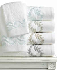 All natural. Fresh white cotton bath towels embroidered with delicate scrolling vines give the Trousseau Leaf wash cloth an easy, timeless elegance. With the impeccable styling of Martha Stewart Collection. All natural. Fresh white cotton bath towels embroidered with delicate scrolling vines give the Trousseau Leaf wash cloth an easy, timeless elegance. With the impeccable styling of Martha Stewart Collection.