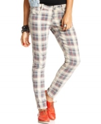 Plaid-print pumps major personality into these skinny leg pants from Material Girl. For a look that's totally signature, rock the pants with a pair of trend-right flats. Plaid-print pumps major personality into these skinny leg pants from Material Girl. For a look that's totally signature, rock the pants with a pair of trend-right flats.
