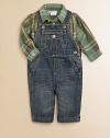 This essential, classic set pairs a durable, versatile denim overall with a preppy plaid button-down. Shirt Straight point collarLong sleeves with barrel cuffsButton-frontTwo button patch pocket Overall Shoulder strapsAdjustable snapsSnap sidesAngled hand pocketsSnap-flap coin pocketBack patch pocketsCottonMachine washImported Please note: Number of buttons/snaps may vary depending on size ordered. 