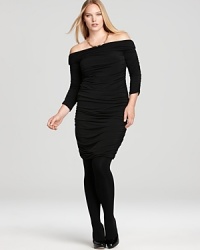 Amp up your LBD portfolio with this Melissa Masse Plus dress flaunting allover ruching and off-the-shoulder styling for an electric evening look. Amp up your LBD portfolio with this Melissa Masse Plus dress flaunting allover ruching and off-the-shoulder styling for an electric evening look.