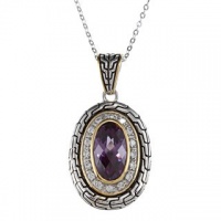 Sterling Silver Two-Tone Amethyst CZ Oval Pendant with 18 Chain Sterling Silver Two-Tone Amethyst CZ Oval Pendant with 18 Chain