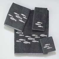 Luxurious sheared velour towel is embellished with a school of embroidered silver metallic fish swimming across the towel. Finished with a coordinating silver fabric trim. Luxurious sheared velour towel is embellished with a school of embroidered silver metallic fish swimming across the towel. Finished with a coordinating silver fabric trim.