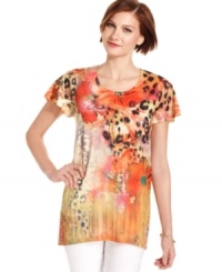 Make a statement in this mixed print top from Style&co., featuring animal and floral inspiration, shiny studding and a lace-like panel at the back. Make a statement in this mixed print top from Style&co., featuring animal and floral inspiration, shiny studding and a lace-like panel at the back.