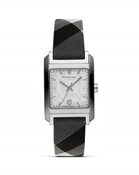 Check the time in style. Burberry's rectangular-faced chronograph boasts silvery sophistication trimmed in the label's signature plaid stamp. Check the time in style. Burberry's rectangular-faced chronograph boasts silvery sophistication trimmed in the label's signature plaid stamp.