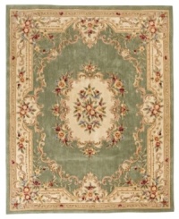 Modeled after 17th century Aubusson rugs, the Jade area rug offers a traditional floral motif in a contemporary sage and ivory colorway. Crafted of rich wool. Modeled after 17th century Aubusson rugs, the Jade area rug offers a traditional floral motif in a contemporary sage and ivory colorway. Crafted of rich wool.