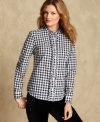 Tommy Hilfiger's cotton shirt combines a playful gingham plaid print with a crisp ruffled placket and a wingtip collar.