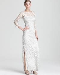 Bedecked in sparkling sequins, this Kay Unger Lace gown is positively ethereal. Bedecked in sparkling sequins, this Kay Unger Lace gown is positively ethereal.