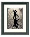 The silhouette of two dancers locked in the final pose of a tango brings drama and passion to a quiet cobblestone street. Light behind the couple casts an elongated shadow at their feet. In classic black and white with a beaded black frame.