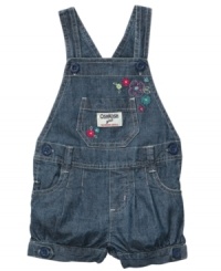 Cool country classic. Overalls get a cute, modern makeover with button details, a cinched leg and pretty flower embroidery on these sweet shortalls from Osh Kosh. Cool country classic. Overalls get a cute, modern makeover with button details, a cinched leg and pretty flower embroidery on these sweet shortalls from Osh Kosh.