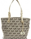 Michael Kors Signature / Monogram Jet Set Tote; Side Pockets - Beige / Ebony / Gold