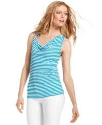 A draped cowl neckline adds feminine flair to this striped MICHAEL Michael Kors tank -- a stylish summer staple! A draped cowl neckline adds feminine flair to this striped MICHAEL Michael Kors tank -- a stylish summer staple!