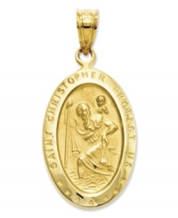 Commemorate the patron Saint of transportation. This intricate medal charm features a divine depiction, as well as the words: Saint Christopher Protect Us in 14k gold. Chain not included. Approximate length: 1 inch. Approximate width: 6/10 inch. Commemorate the patron Saint of transportation. This intricate medal charm features a divine depiction, as well as the words: Saint Christopher Protect Us in 14k gold. Chain not included. Approximate length: 1 inch. Approximate width: 6/10 inch.
