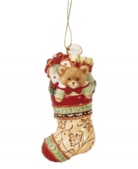 Get one step ahead with the Bountiful Holiday stocking ornament from Fitz and Floyd. Rich with detail, from the quilted texture in its toe to the classic teddy bear inside, it will remind you always of a beautiful 2012 season. Get one step ahead with the Bountiful Holiday stocking ornament from Fitz and Floyd. Rich with detail, from the quilted texture in its toe to the classic teddy bear inside, it will remind you always of a beautiful 2012 season.