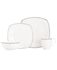 Forecast modern whimsy at meal time with Lenox dinnerware. The dishes feature shimmering droplets that trickle in from the platinum-banded edges of white bone china. The Silver Mist place settings come in soft square and coupe designs to shape up casual tables. (Clearance) Forecast modern whimsy at meal time with Lenox dinnerware. The dishes feature shimmering droplets that trickle in from the platinum-banded edges of white bone china. The Silver Mist place settings come in soft square and coupe designs to shape up casual tables. (Clearance)