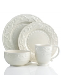 Raised florals, scrolls and lattice detail in the style of Fitz and Floyd's white dinnerware grace the Ricamo place settings with traditional charm. Pair with multicolored pieces to put your own spin on casual country dining. Raised florals, scrolls and lattice detail in the style of Fitz and Floyd's white dinnerware grace the Ricamo place settings with traditional charm. Pair with multicolored pieces to put your own spin on casual country dining.