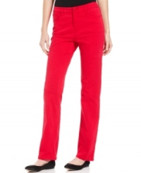 Jones New York Signature's straight-leg jeans make a statement in a rich, cherry wash and sparkling embellished back pockets. Jones New York Signature's straight-leg jeans make a statement in a rich, cherry wash and sparkling embellished back pockets.