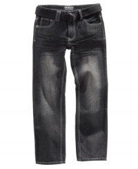 He won't be singing the blues with these jeans from Akademiks. A matching belt completes his cool denim look. He won't be singing the blues with these jeans from Akademiks. A matching belt completes his cool denim look.