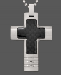 Keep the faith. This symbolic men's pendant features a cross shape set in stainless steel and black carbon fiber. Approximate length: 24 inches. Approximate drop length: 2 inches. Approximate drop width: 1-1/4 inches. Keep the faith. This symbolic men's pendant features a cross shape set in stainless steel and black carbon fiber. Approximate length: 24 inches. Approximate drop length: 2 inches. Approximate drop width: 1-1/4 inches.