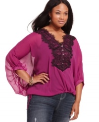 Beautify your style with Baby Phat's plus size blouse, featuring lace accents-- it's a must-have for the season! Beautify your style with Baby Phat's plus size blouse, featuring lace accents-- it's a must-have for the season!