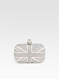 A two-tone, suede Union Jack design encrusted in chic studs and accented with an iconic skull closure.Top clasp closureLeather lining6W X 3¾H X 1¾DMade in Italy