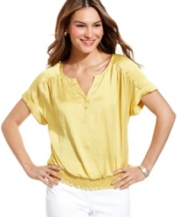A subtle sheen gives Alfani's romantic peasant blouse a touch of modern chic. The smocked hem and blouson silhouette keep it as soft and feminine as its inspiration. A subtle sheen gives Alfani's romantic peasant blouse a touch of modern chic. The smocked hem and blouson silhouette keep it as soft and feminine as its inspiration.