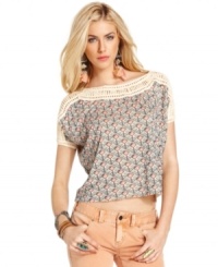 A floral print & macrame trim adds a girly-crafted appeal to this Free People top for a pretty boho look! A floral print & macrame trim adds a girly-crafted appeal to this Free People top for a pretty boho look!