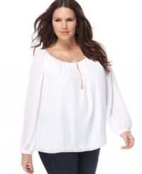 Add an elegant touch to your weekend look with MICHAEL Michael Kors' long sleeve plus size peasant top, accented by a beaded neckline. Add an elegant touch to your weekend look with MICHAEL Michael Kors' long sleeve plus size peasant top, accented by a beaded neckline.