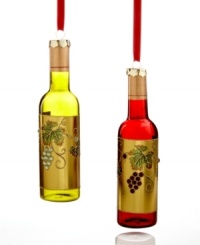 Be merry. With a golden label and glitter, this glass wine bottle ornament serves to inspire a festive holiday. Be merry. With a golden label and glitter, this glass wine bottle ornament serves to inspire a festive holiday.