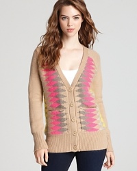 Chalet chic meets prepster cool as a crisp pattern and color-pop palette inspire a sumptuous Juicy Couture cardigan. Chalet chic meets prepster cool as a crisp pattern and color-pop palette inspire a sumptuous Juicy Couture cardigan.