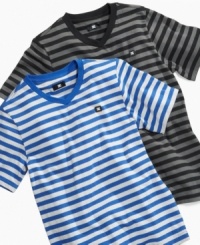 Smooth style. Whether he's hitting the beach or the skate park, he'll keep cool in one of these crisp v-neck t-shirts from DC Shoes. Smooth style. Whether he's hitting the beach or the skate park, he'll keep cool in one of these crisp v-neck t-shirts from DC Shoes.
