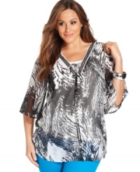A sheer winner: AGB's butterfly sleeve plus size top, finished by an embellished neckline and bold print. A sheer winner: AGB's butterfly sleeve plus size top, finished by an embellished neckline and bold print.