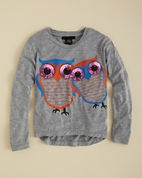 A double dose of cute owl prints, each trimmed with rhinestone accents at the eyes, makes this long sleeve top a wise look for your little gal. A double dose of cute owl prints, each trimmed with rhinestone accents at the eyes, makes this long sleeve top a wise look for your little gal.