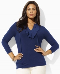A cascade of ruffles exudes feminine style in Lauren by Ralph Lauren's plus size three-quarter sleeve top, fashioned from sleek jersey. (Clearance) A cascade of ruffles exudes feminine style in Lauren by Ralph Lauren's plus size three-quarter sleeve top, fashioned from sleek jersey. (Clearance)
